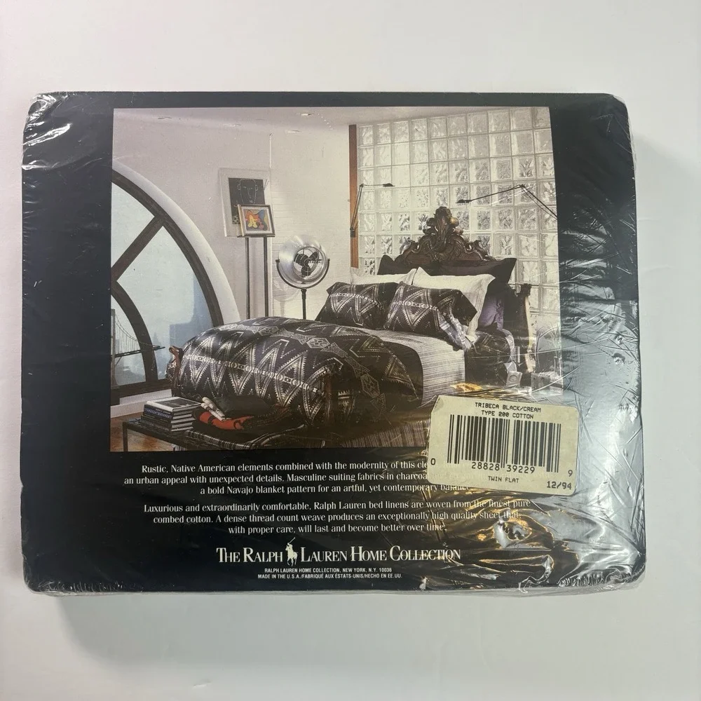 Vintage Ralph Lauren Tribeca Black Cream Twin Flat Sheet 100% Cotton New